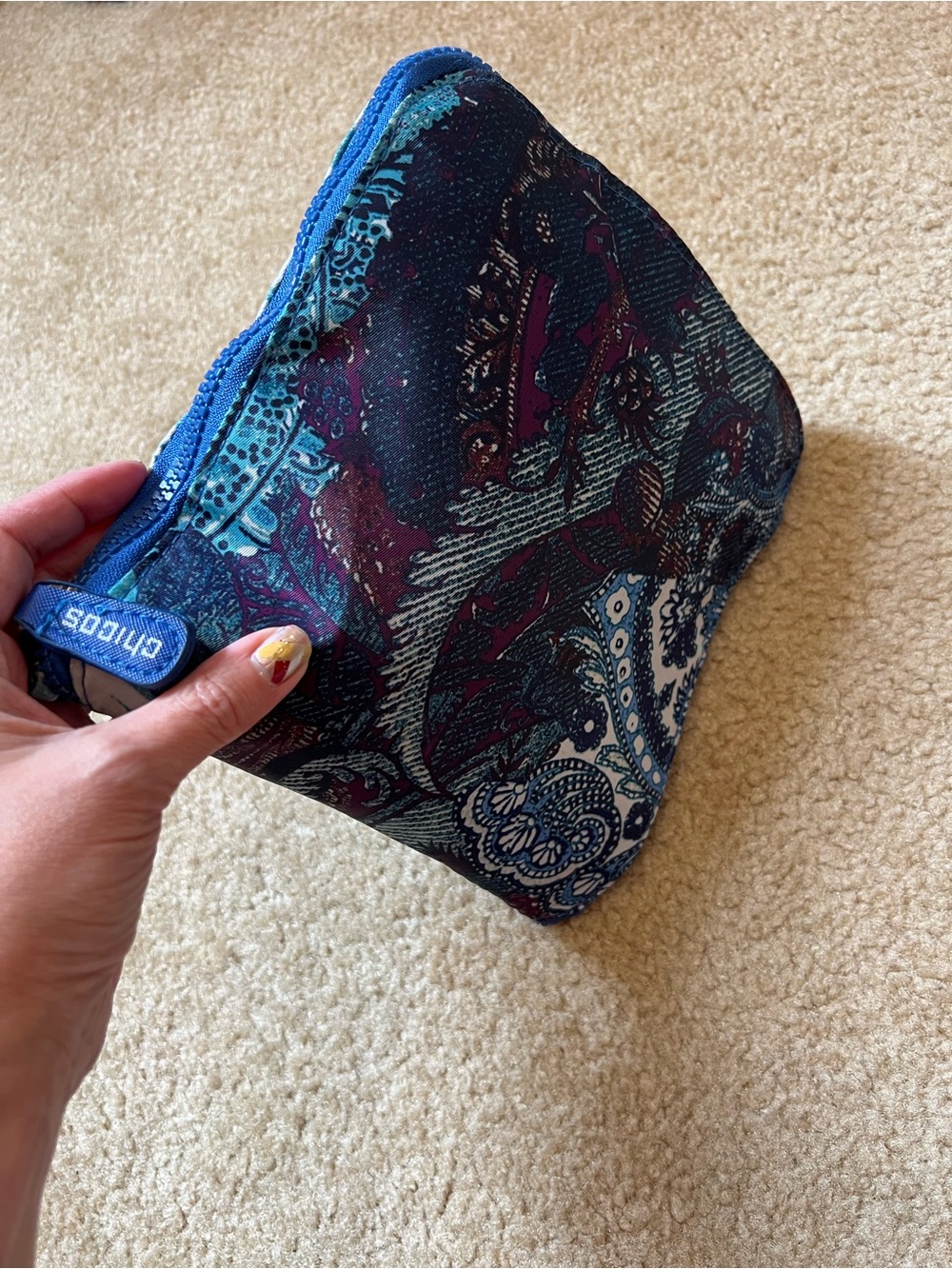 Chico's Packable Foldable Travel Tote Bag Paisley Blue Purple Large Expandable - Picture 9 of 13